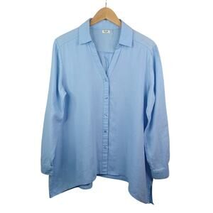 Symple Womens 100% Linen Button Up Blouse Size M Blue Roll Tab Lagenlook Coastal